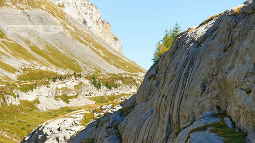 Low angle view of rock formations against sky