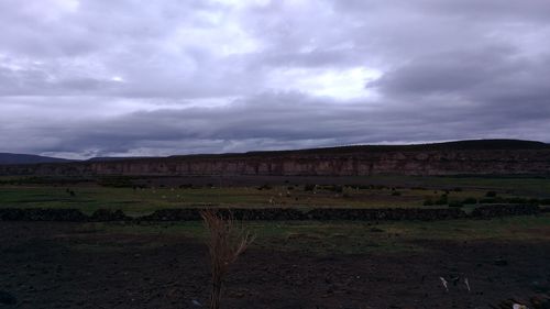 Scenic view of field against cloudy sky