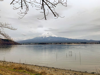 Scenic view of lake by snowcapped mountains against sky