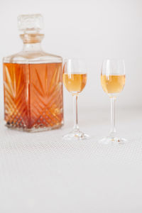 Close-up of wine glasses on table