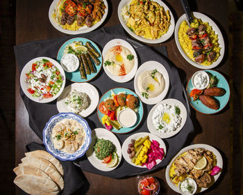 Above-view of a meditterranean feast spread out on a table