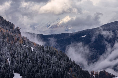 Low angle view of snowcapped mountains against sky