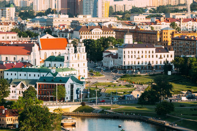 High angle view of buildings in city