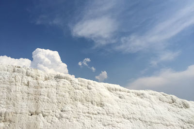 Low angle view of snow covered landscape against sky