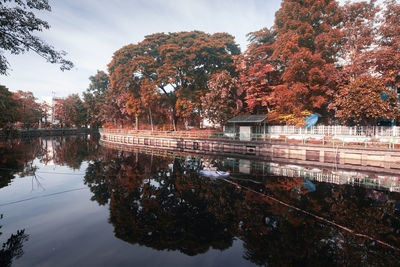 Scenic view of lake against sky during autumn