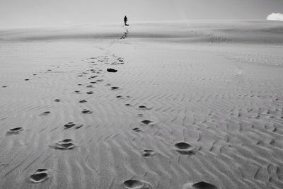 Rear view of man walking at sandy beach