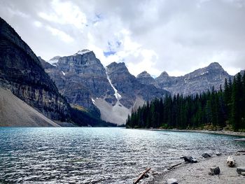 Scenic view of lake by mountains against sky