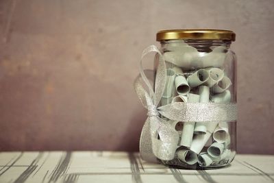 Close-up of jar on table