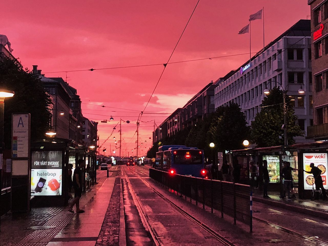 ILLUMINATED STREET AMIDST BUILDINGS AGAINST SKY