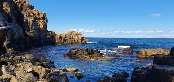 Scenic view of rocks by sea against blue sky