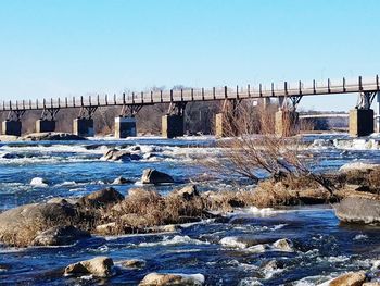 Scenic view of frozen river against clear sky