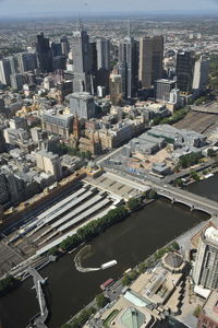 High angle view of buildings in city