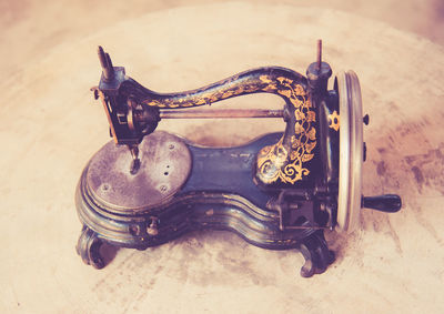 High angle view of old metal on table