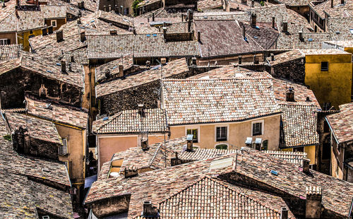 High angle view of old houses in city