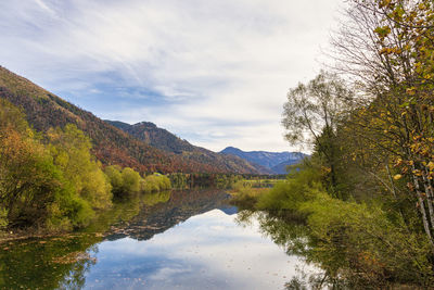 Scenic view of lake by mountains against sky