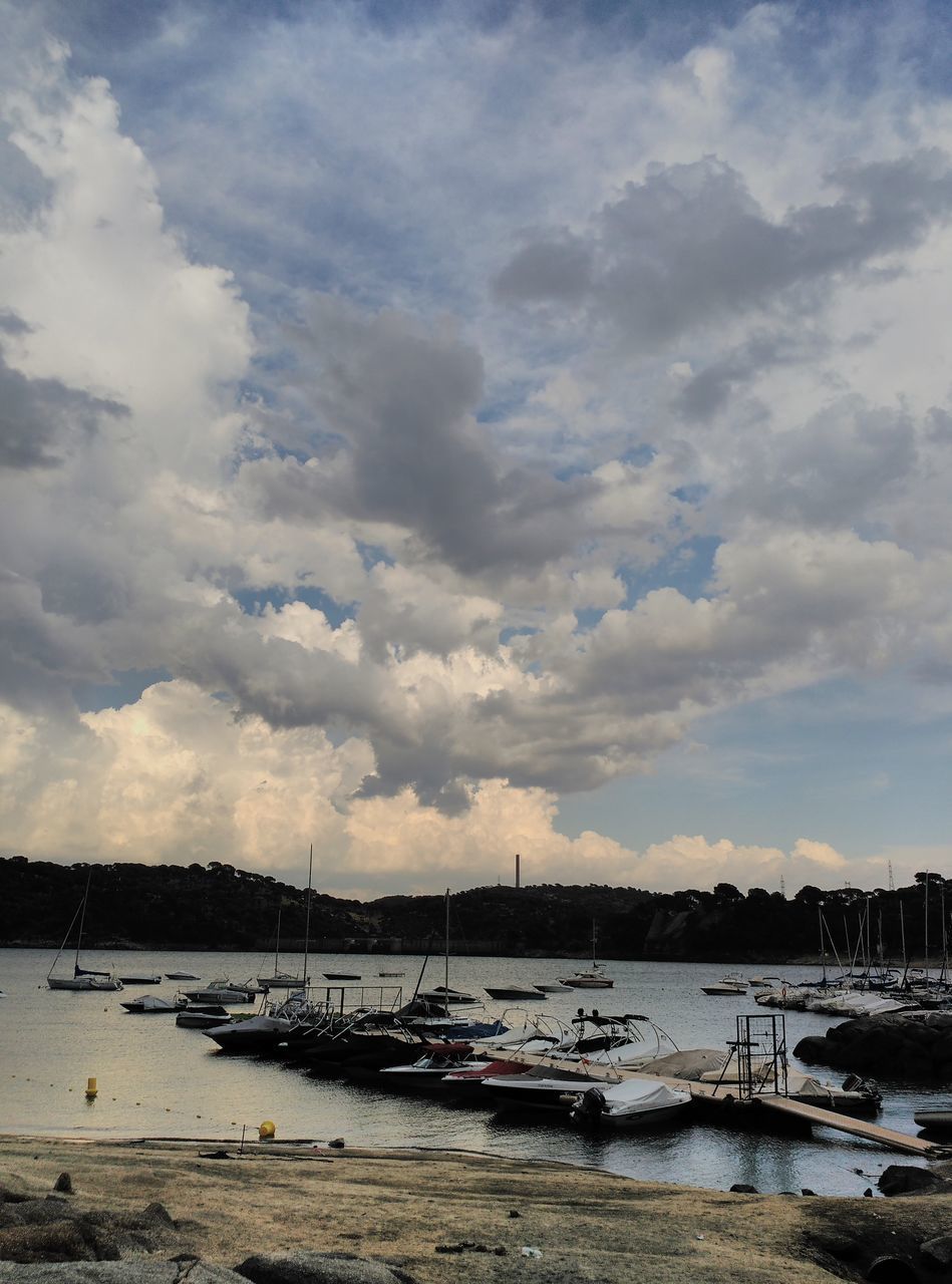 BOATS MOORED ON SEA AGAINST SKY