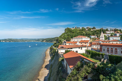 High angle view of townscape by sea against blue sky