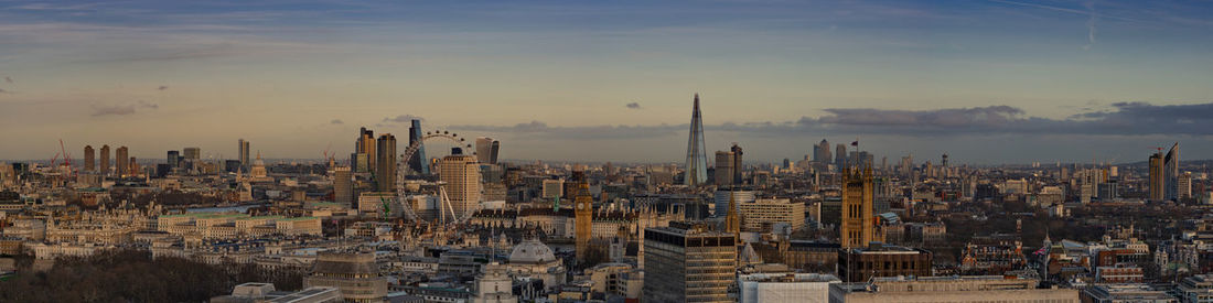 Aerial view of cityscape against sky during sunset