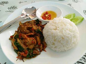 High angle view of meal served on table