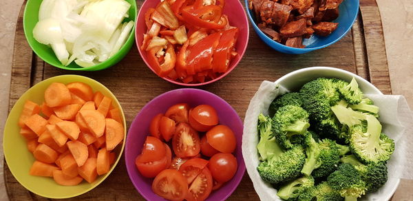 High angle view of fruits and vegetables on table