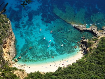 High angle view of sea seen through rocks