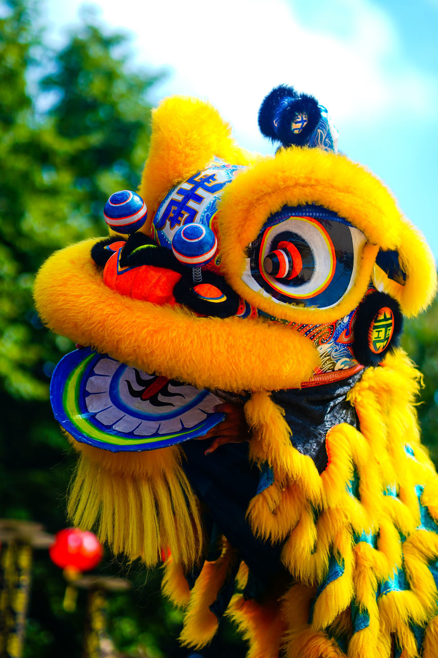 yellow, multi colored, flower, celebration, tradition, representation, nature, animal representation, no people, holiday, animal, event, chinese new year, craft, outdoors, animal themes, plant, festival, toy, day, decoration, focus on foreground, creativity, close-up, carnival