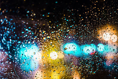 Full frame shot of wet car window at night