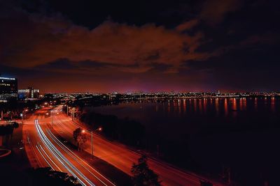 High angle view of illuminated city at night