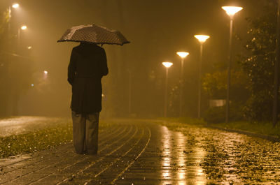 Rear view of woman standing on street during rainy season at night
