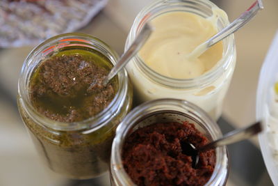 High angle view of condiments on table