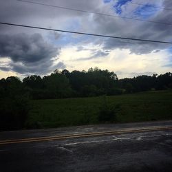 Trees on field against cloudy sky