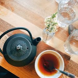 High angle view of tea served on table