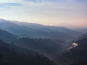 High angle view of mountains against sky during sunset