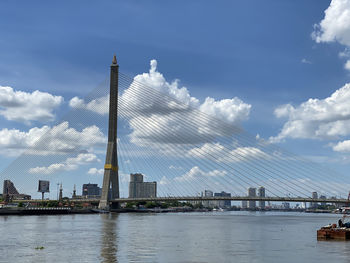 Bridge over river with buildings in background