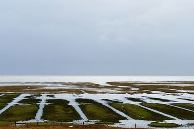 Scenic view of snowy field against sky