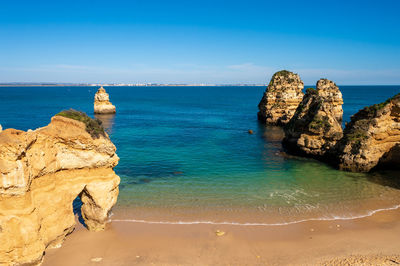 Scenic view of rocks in sea against blue sky