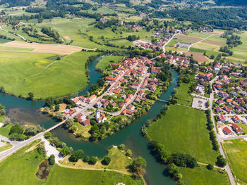 High angle view of trees and buildings