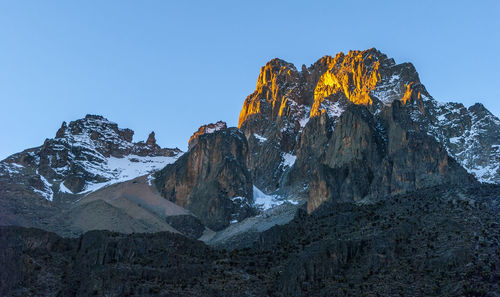 Scenic view of snowcapped mountains against clear sky