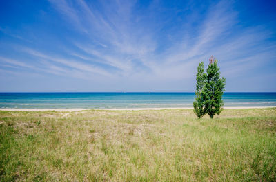 Scenic view of sea against blue sky