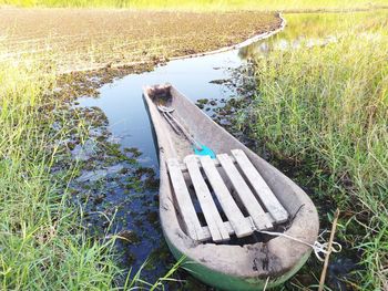 High angle view of nautical vessel on field by lake