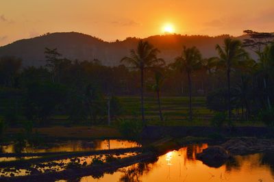 Scenic view of lake against orange sky