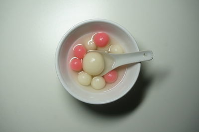 High angle view of eggs in bowl on table