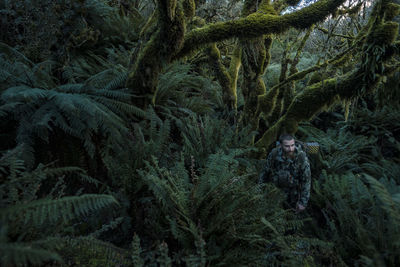 View of hunter walking through forest