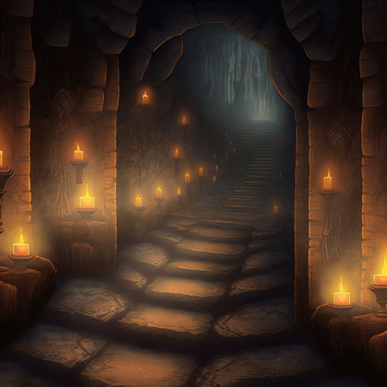 Candles illuminate the passage in the dungeon along the stone path. There are hollows in the walls and candles in the hollows. At the end of the passage you can see daylight. 3D rendering Dungeon Old Mystery Entrance Cave Wall Construction Light Architecture Floor Concrete Stone Castle Candle Medieval Brick Structure Candles Mine Fortress Corridor Tunnel Ancient Basement Cellar Amphitheatre Arch Underground Cavern Speleology History Past Fort Historic Passage Obsolete Inside 3D Illustration Dark Scary