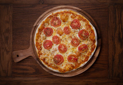 High angle view of pizza on table