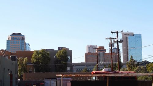 City buildings against clear blue sky