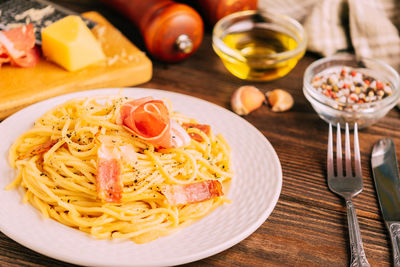 Close-up of food in plate on table