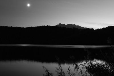 Scenic view of lake against clear sky at night