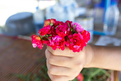 Close-up of hand holding pink roses