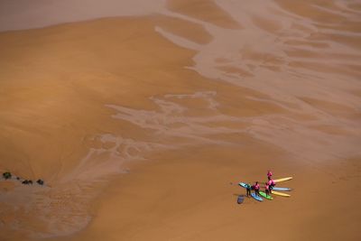 Aerial view of female surfers at beach